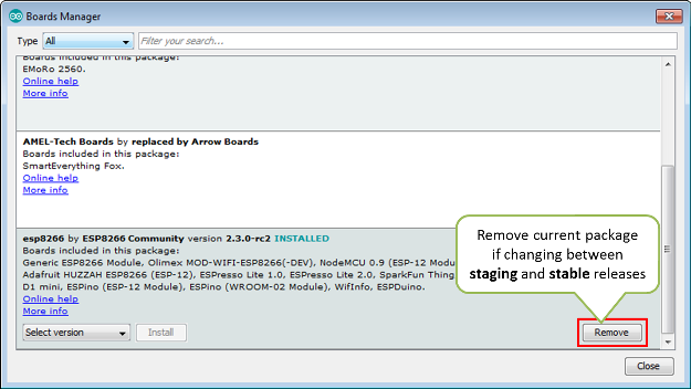 If changing between staging and stable, remove currently installed package