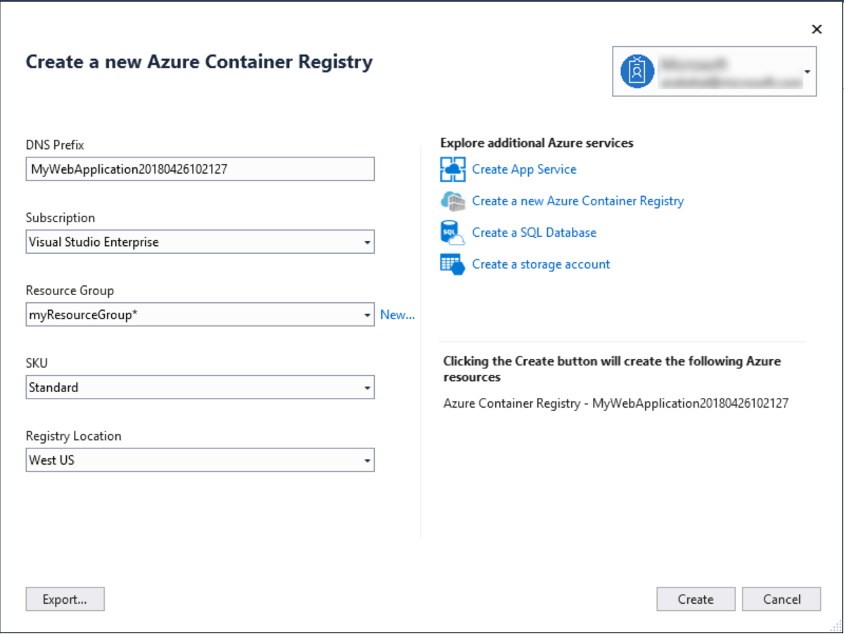 Visual Studio's create Azure Container Registry dialog