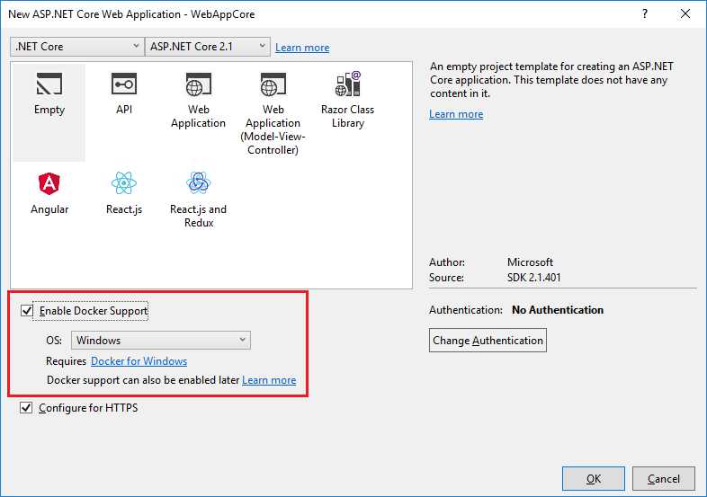 Enable Docker Support for new ASP.NET Core web app in Visual Studio