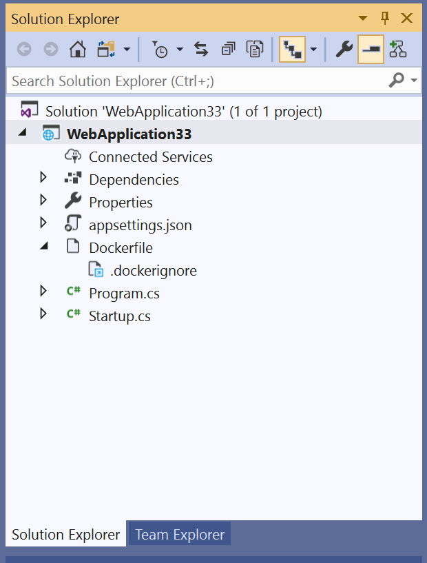 Screenshot of solution explorer with Dockerfile and .dockerignore file