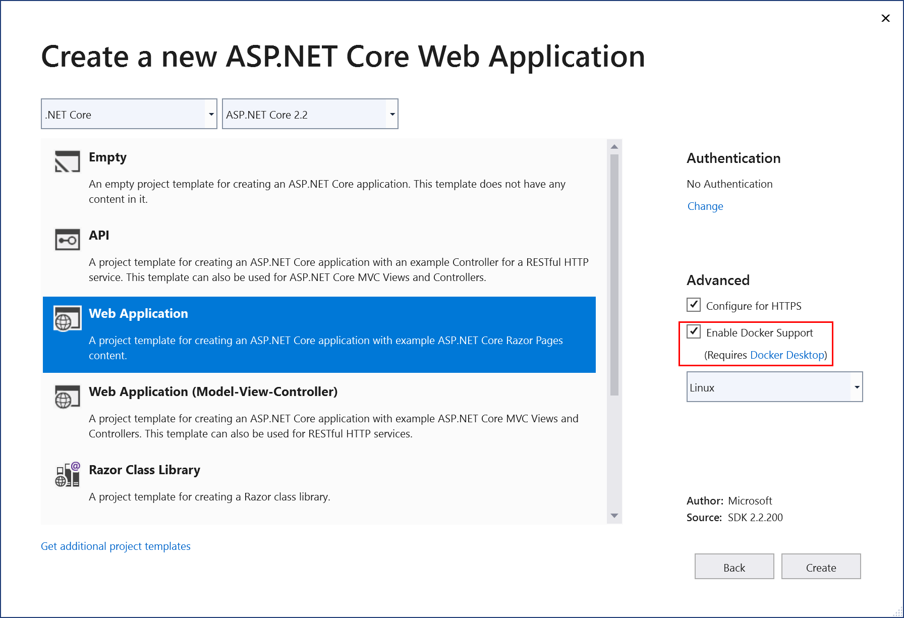 Enable Docker Support for new ASP.NET Core web app in Visual Studio