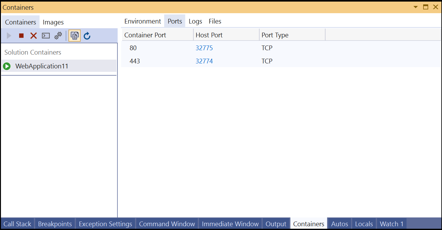 Screenshot of Ports tab in Containers window